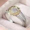 Fresh Style Sunflower Two Tone Ring for Women Party Holiday with Shiny CZ Woodland Accessories Daily Gentle Jewelry Gift