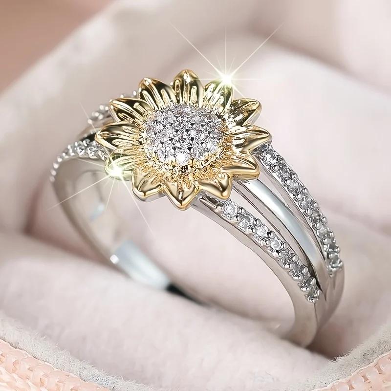 Fresh Style Sunflower Two Tone Ring for Women Party Holiday with Shiny CZ Woodland Accessories Daily Gentle Jewelry Gift