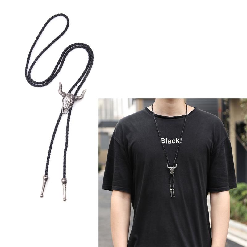 Vintage Bull Head Buckle Choker Necklace Black Leather Cord Necklace Fashion Jewelry Necktie Tie Pendant Necklace