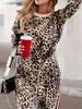 Autumn 2025 Leopard Print Women's Casual Two-Piece Set: Long Sleeve Top & Pants, Euro-American Style