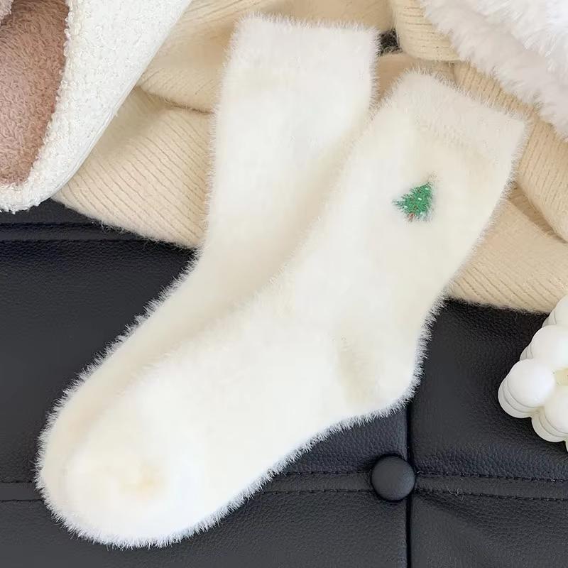 Christmas pattern Mink Velvet Socks Women Winter Soft Fleece Plush Warm Home Sleep Boot Socks Kawaii Y2K Furry Thermal Tube Sox