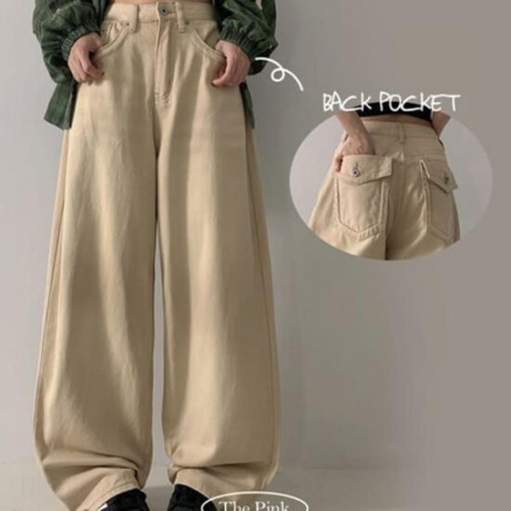 The Pink Women Hip Pocket Vintage Washing Snap Wide Pants