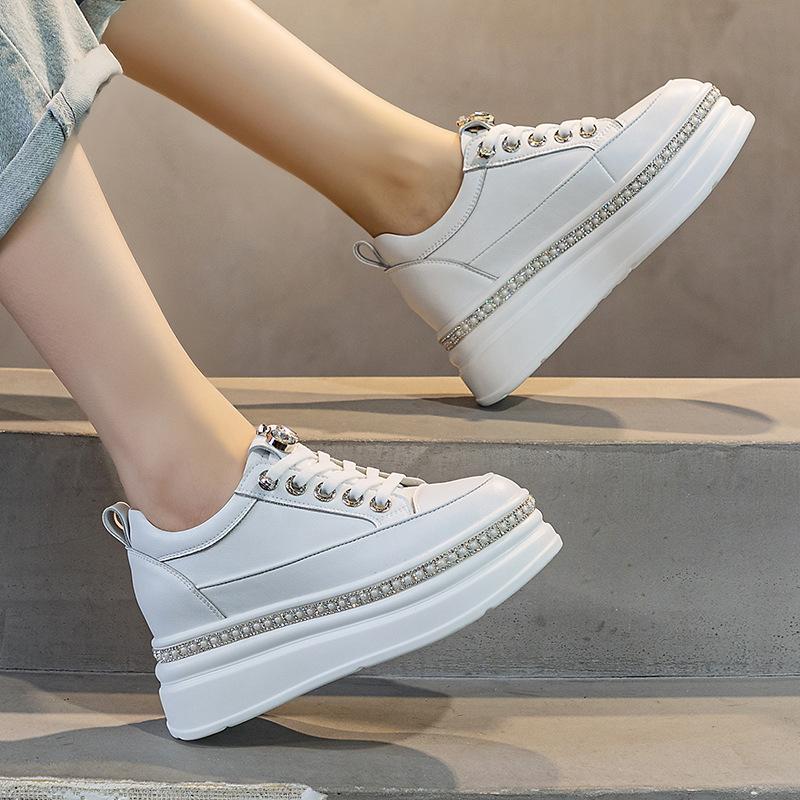 Fujin Baskets compensées en cuir véritable de vache pour femme, chaussures de sport épaisses, respirantes, vulcanisées et confortables, collection printemps-été-automne, 6 cm