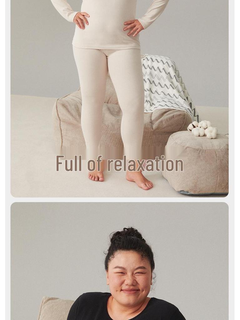 Women's Plus Size Double-Sided Flannel Underwear Set - Pure Cotton, Thick Round Neck Base Layer for Autumn and Winter