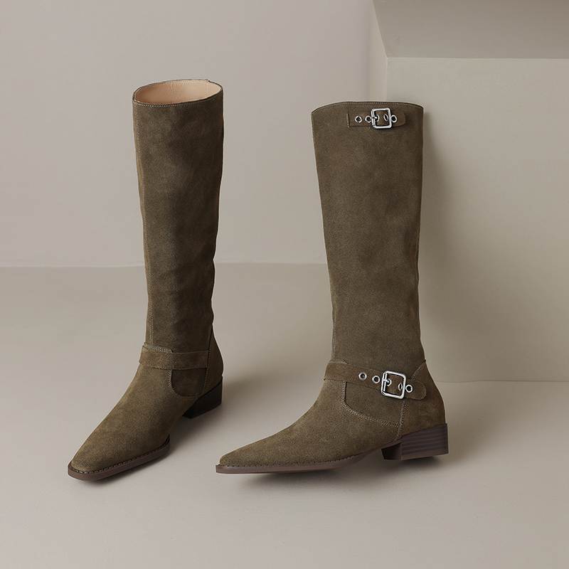 Krazing Pot Cow Suede Autumn Winter Shoes Round Toe Metal Buckle Big Size 42 Thick Med Heels Slip On Western Boots Women Knee Boots