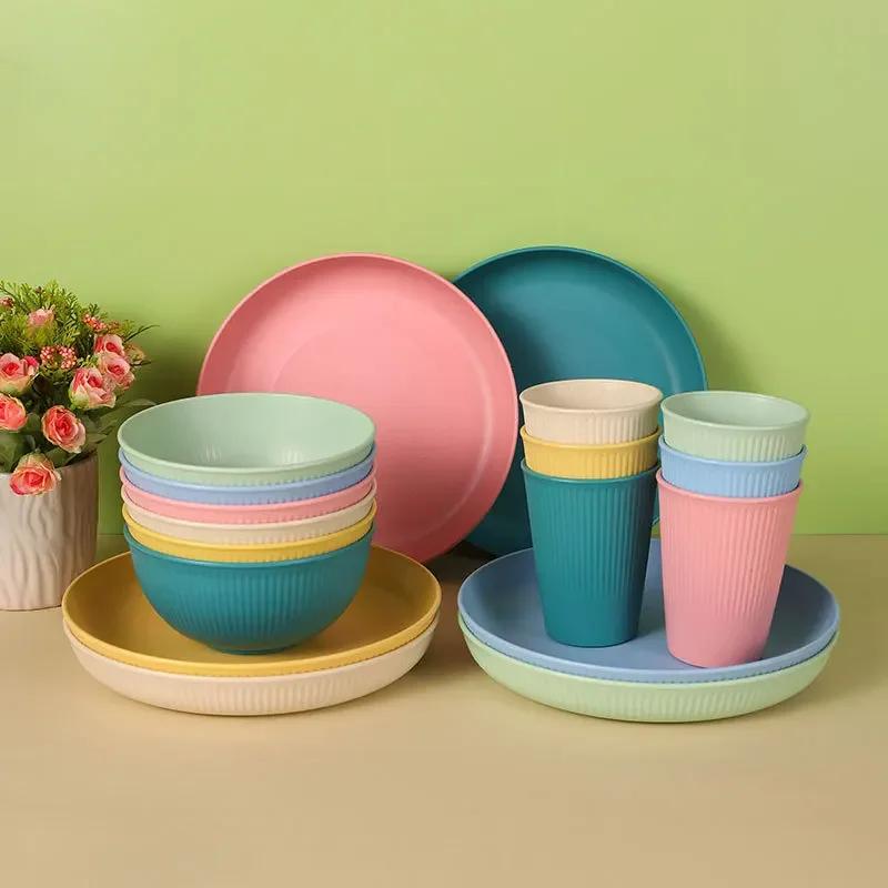Wheat Straw Dinnerware Set Eco-friendly Safety Plates Cups Bowels Home Party Tableware Set Outdoor Camp Candy Colour Gift