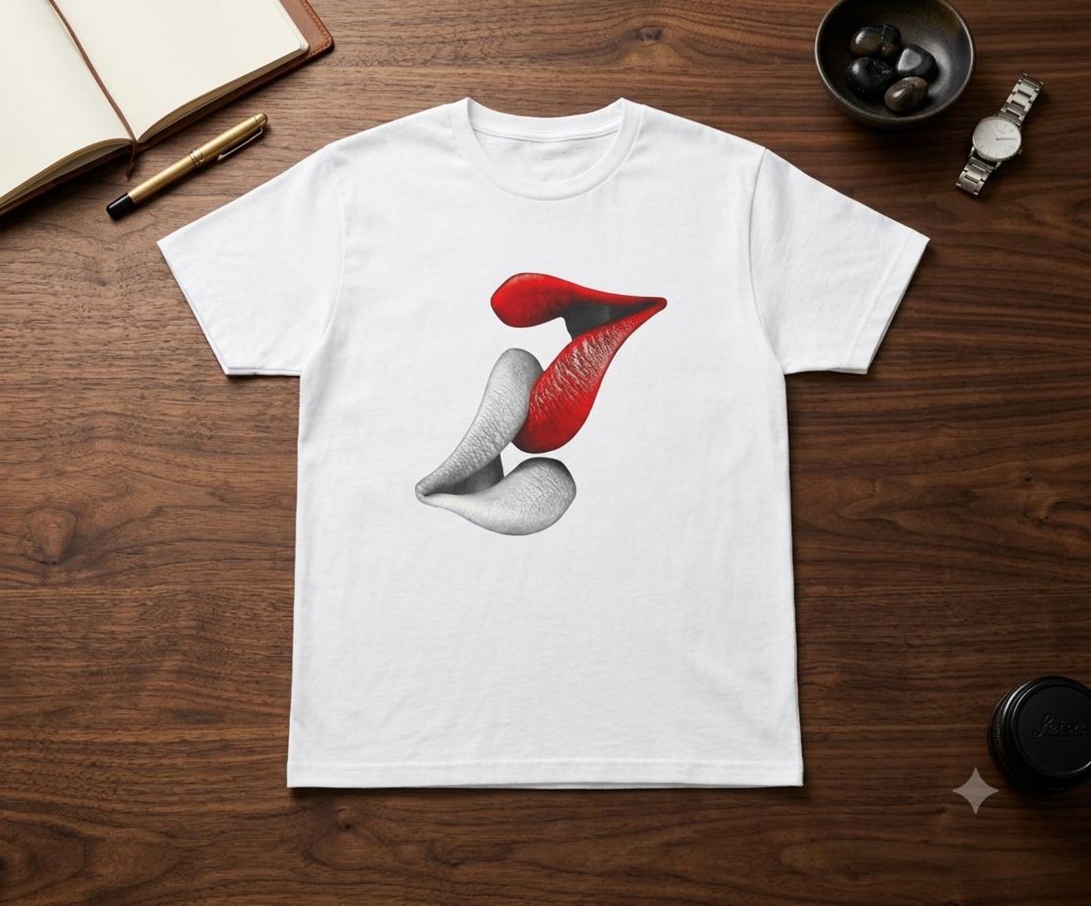 Red and White Abstract Lips T-Shirt | Minimal Pop Art Tee L