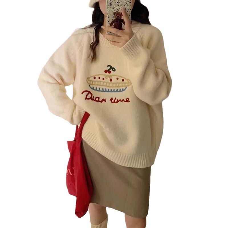 Cute Embroidery Pullover Sweater Women's Autumn and Winter Candy Color Round Neck Loose Knit Sweater Top College Style