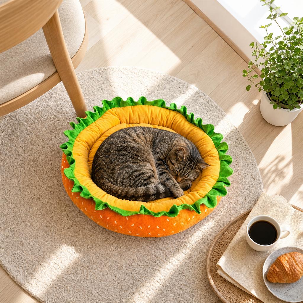 Hamburger Shape Plush Pet Bed for Small Dogs Cats with Lettuce Trim Food Toy Set Round Cushion