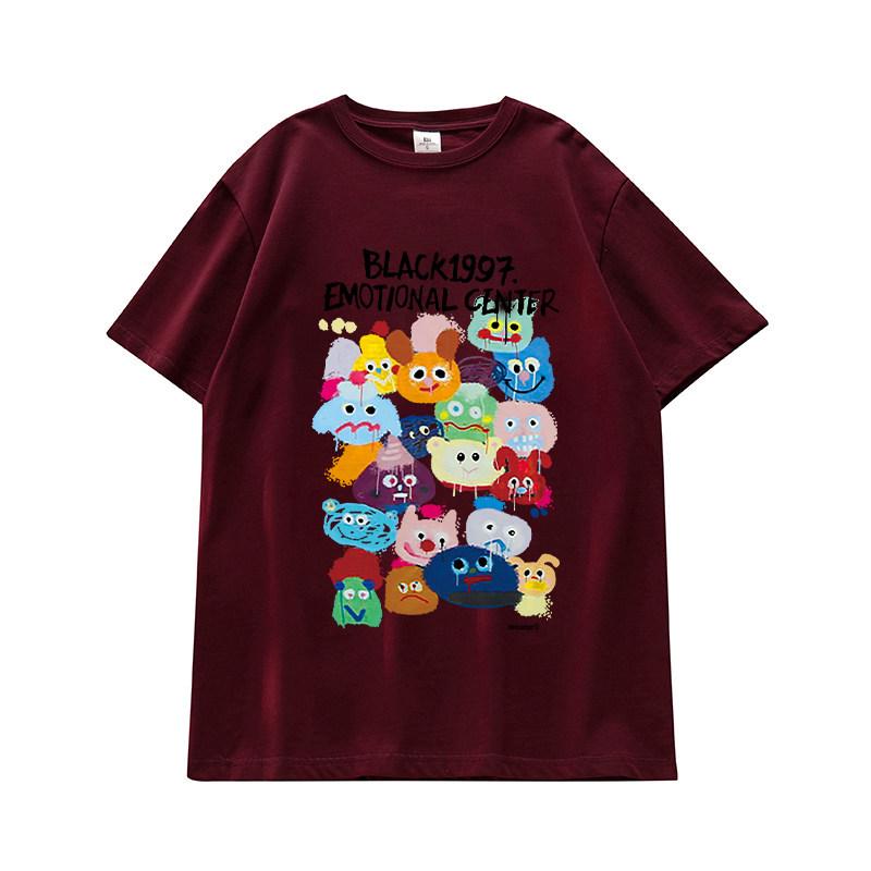 

Unisex Retro Oversized Cotton T-Shirt - American Hong Kong Style, Short Sleeve, Plus Size, Trendy Chic Design for Couples L (for 101-115 lbs) вина червоного кольору
