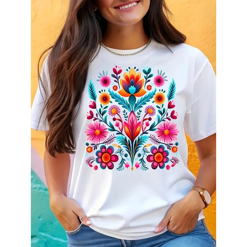 Europäische Größe Mexikanisches Floral besticktes T-Shirt - Lebendiges Kurzarm-Rundhals-Oberteil mit traditionellem mexikanischem Design, Lässig für Frühling Sommer