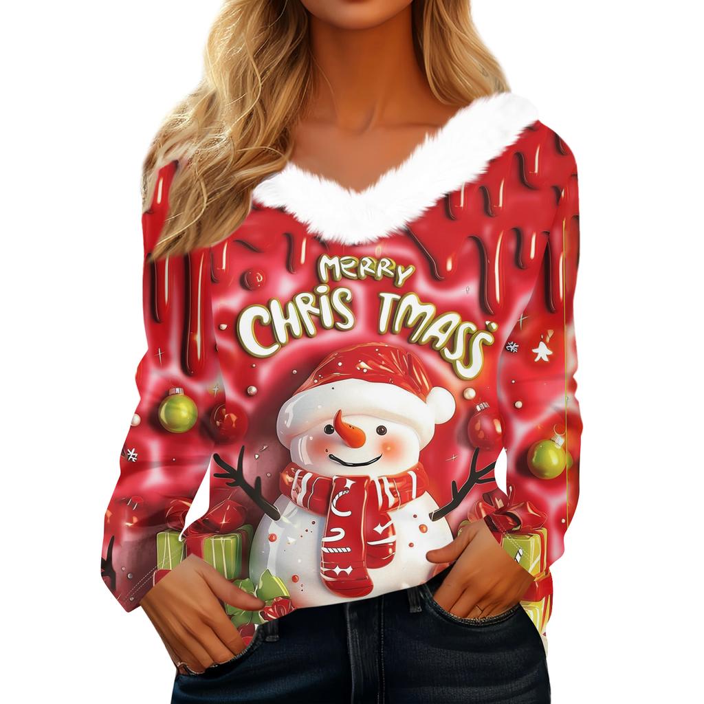 Women's Christmas Printed Long Sleeved Party Plush Neck V-neck Top