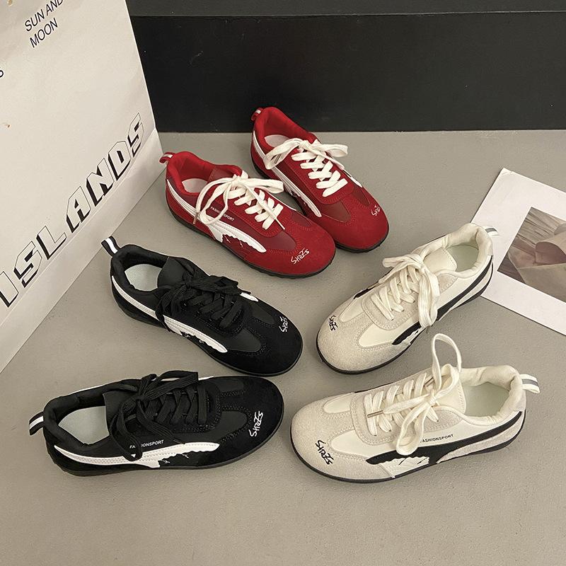 2025 Summer Thick-soled Inner Height-increasing Moral Training Shoes Women's White Splicing Retro Racing Shoes Breathable Casual Sports Board Shoes