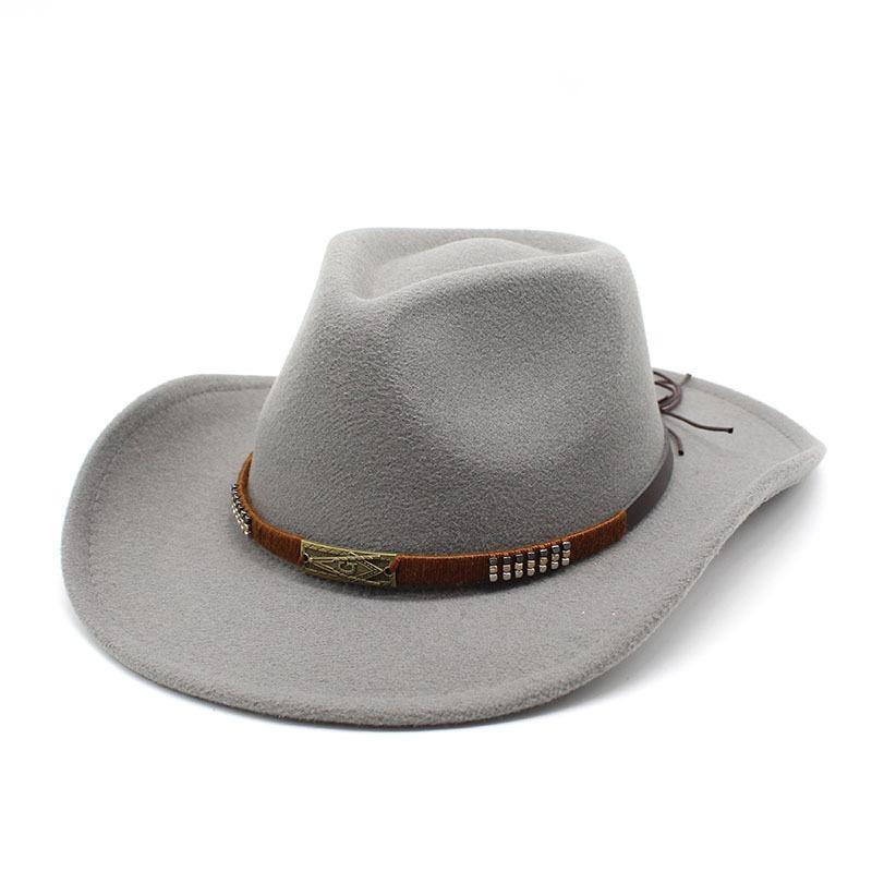 Warm Casual Versatile Coffee Belt Men'S And Women'S Woolen Western Cowboy Hat Big Edge Shading Hat