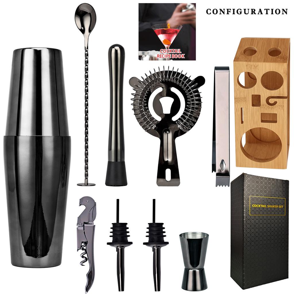 Rose Gold Stainless Steel Trapezoidal Bamboo Frame Mixer Set Bar Mixer Tool 10-Piece Cocktail Mixer Cup