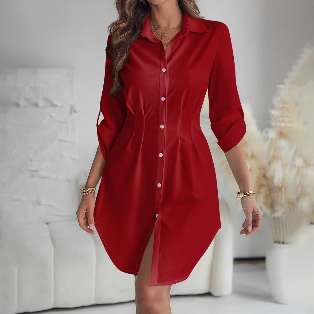 Women's Loose-fitting V-neck Long-sleeved Dress, Solid-color Work Shirt Dress