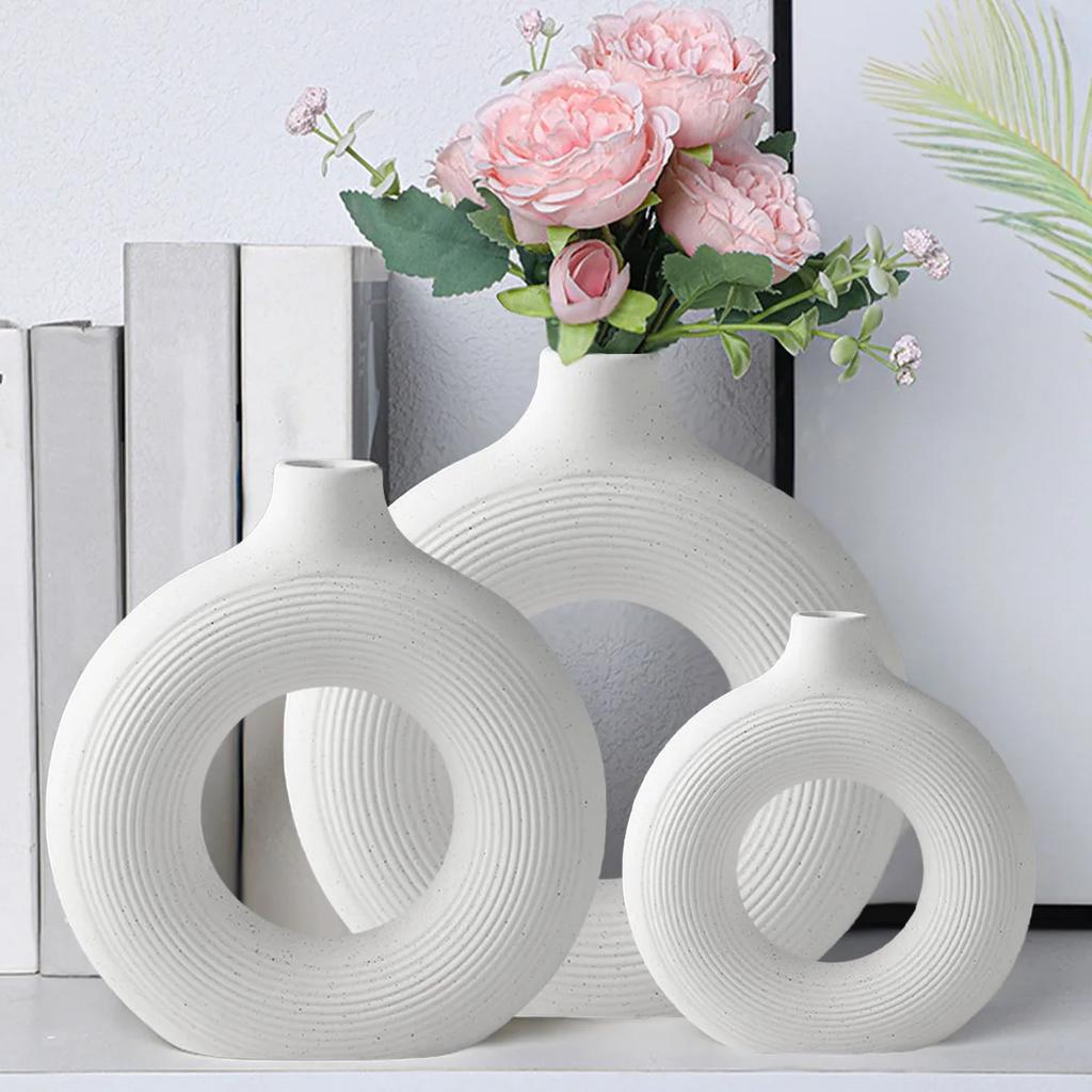 1 Stück Weiße Keramikvasen für Heimdeko, Moderne Deko Mattierte Kreisvase, Minimalistische Nordische Donut-Vase, Dekorativ
