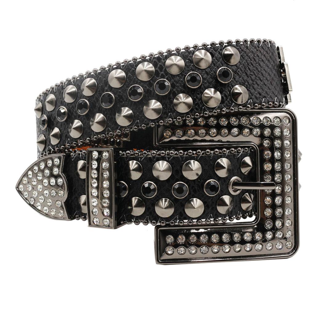 Men's Belt Waist Seal Gun Color Brightly Inlaid with Glass Rhinestones Crocodile Pattern Personality Trendy Style
