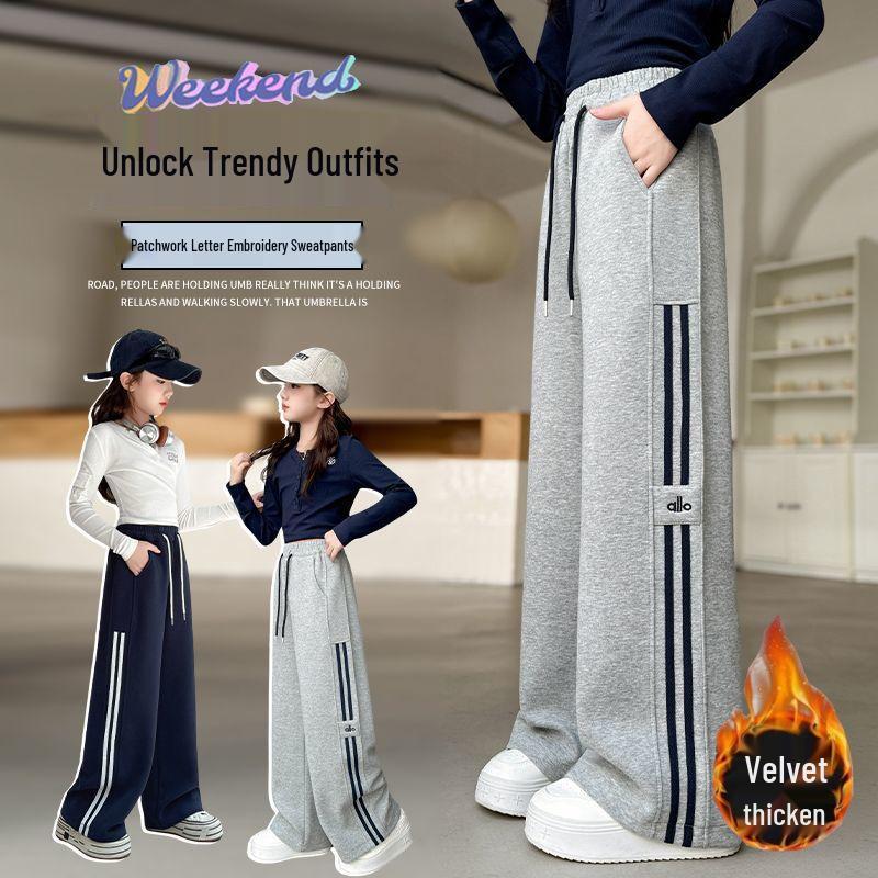 Dziewczęce Spodnie Dresowe Sportowe z Prostymi Nogawkami - Jesień/Zima, Pluszowe, Chłodny Luźny Krój dla Dużych Dziewczynek