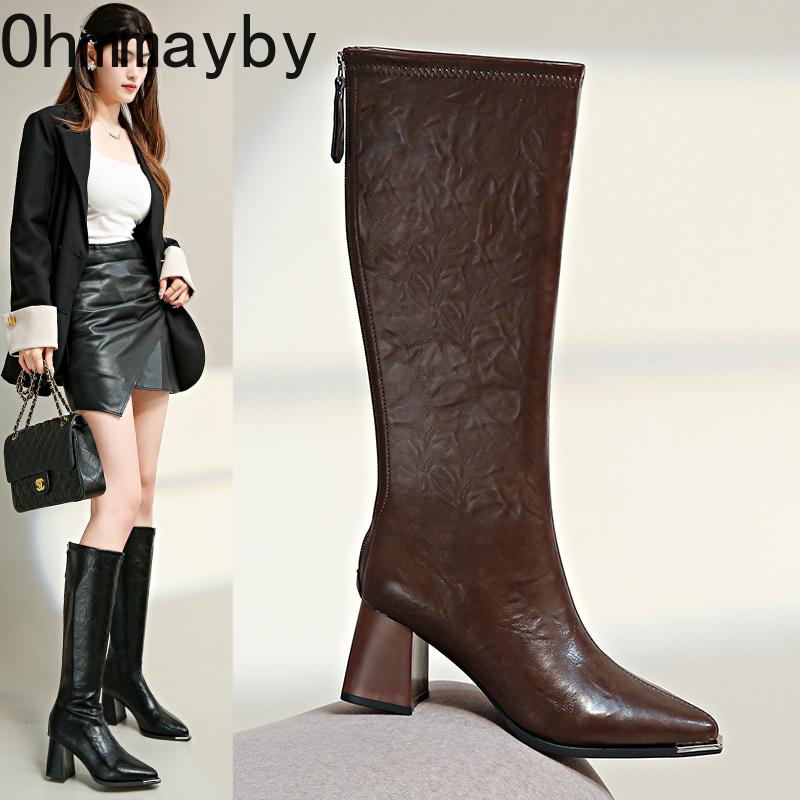 Winter Fashion Thick Heel Women Mordern Long Metal Pointed Toe Short Plush Female Banquet Party Knee High Top Booties