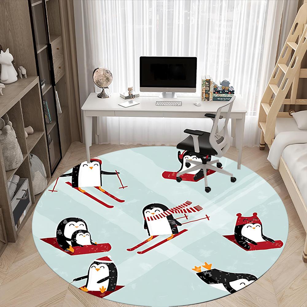 1PC Penguin Winter Office Round Area Rug, Mat Suitable For Office, Under Office Chairs Bedroom Living Room Home Decor, Room Deco