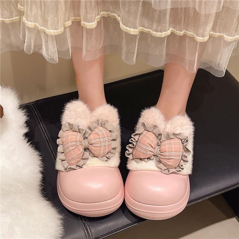 Fashion Waterproof Baotou Slippers Winter New Round Toe Deep Mouth Bow Added Wool Warm Non-slip Semi-drag