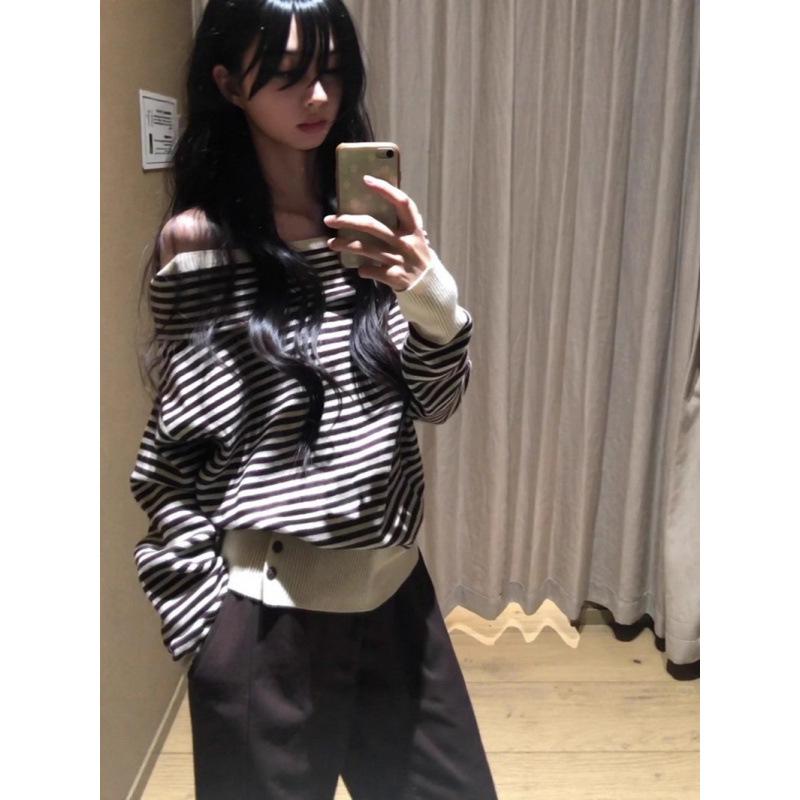 Korean Casual Retro One-Shoulder Striped Knitted Sweater for Women - Early Autumn 2025 Collection