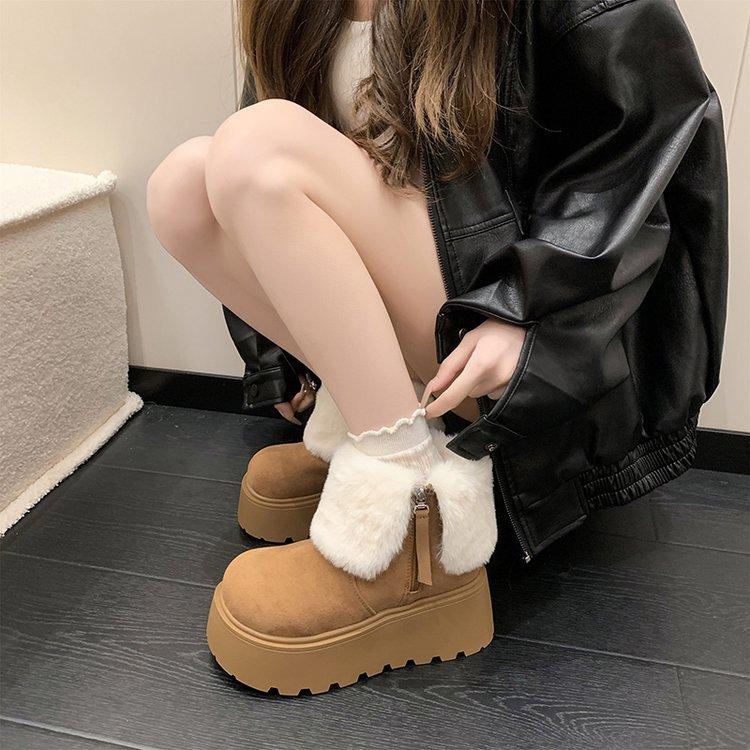 Śniegowce damskie 2025 jesień nowe grubo podeszwowe z dużym noskiem śniegowce małe 8cm podwyższenie zimy kołnierz dwie buty