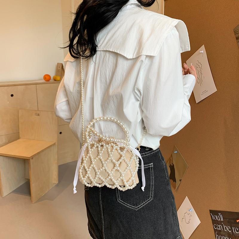 Bag Literary Small Fragrance Personalized Handmade Hollowed Women Pearl Bucket Bag 24 Spring New Shoulder Messenger Bag