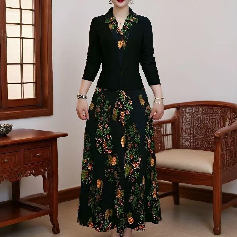 Elegant Chinese Style Long Sleeve Two-Piece Skirt Dress - Slimming & Age-Reducing