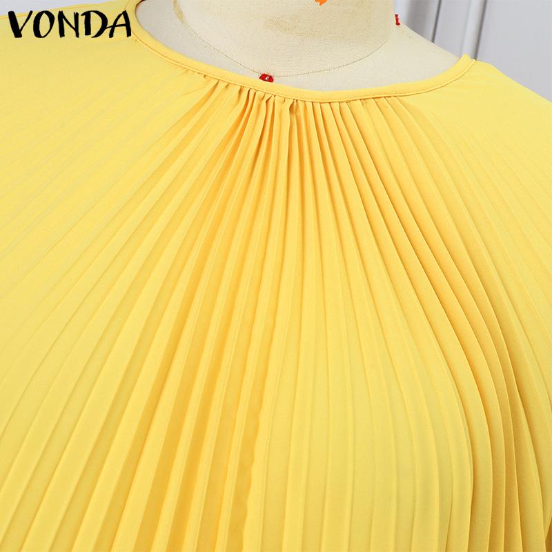 VONDA Robe trapèze plissée à manches longues et col rond pour femme