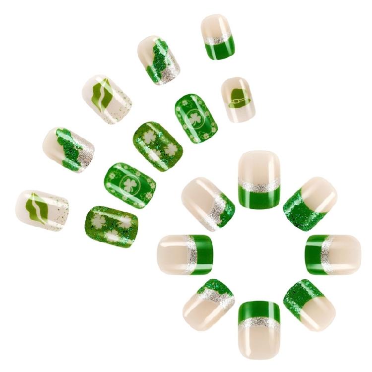 24 Pcs Lip Print Stick on Nail Saint Patricks Day False Nail French Tip Press On Nail Shamrocks Artificial Nail