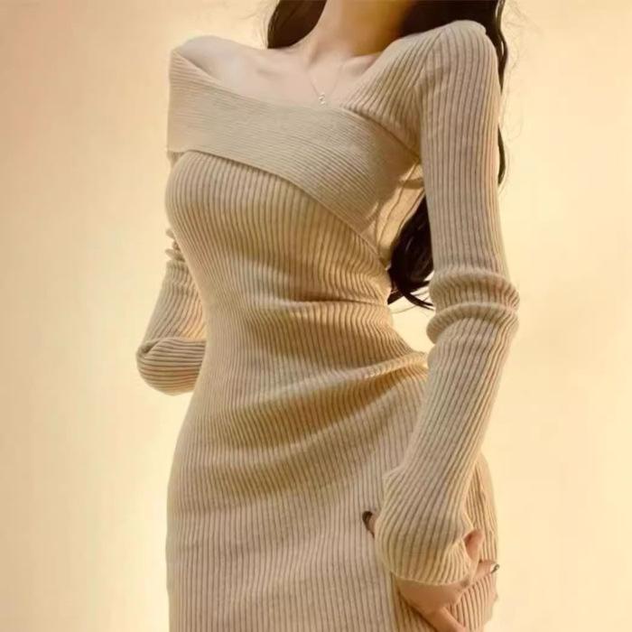 New Year's Pure Desire Spice Girl Hip Skirt Autumn and Winter Women's Inner Skirt Slant Shoulders Foreign Style Slim Waist Short Long Sleeve Dress