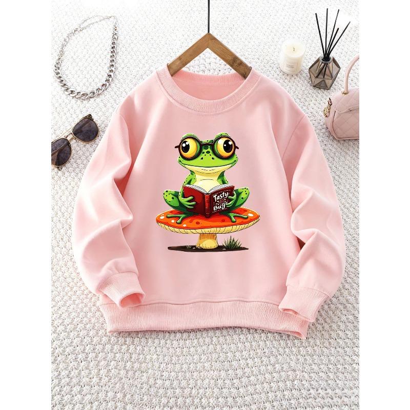 Girls' Crew Neck Sweatshirt | Glasses Frog Reading On Mushroom Pattern, Casual Style, Perfect for Fall/Winter