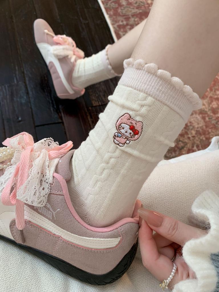 White Lace Pile Socks Girls Cute Kitty Kitty Kitty Mid-Leg Socks Trendy Spring And Autumn Pure Cotton Stockings