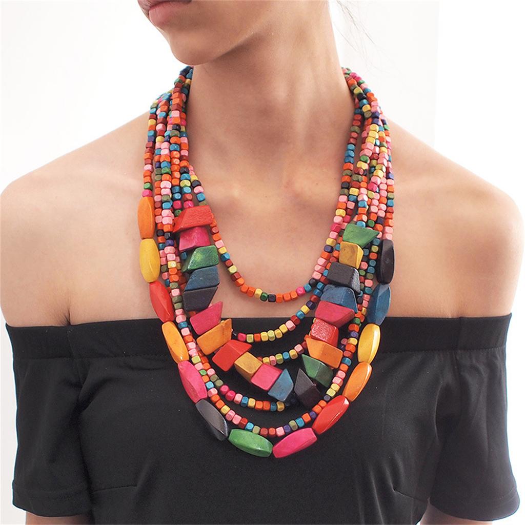 Vibrant Bohemian Style Multilayer Necklace Artistic Bohemian Multilayer Wood Neck Chain Jewelry Set for Music Festivals