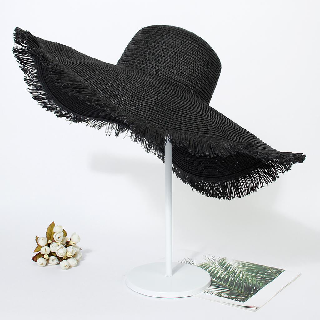 In Stock Fashion Wide Brim Beach Hat Cross Border Sun Hat Women's Woven Frayed Edge Straw Hat Bohemian Style Hat