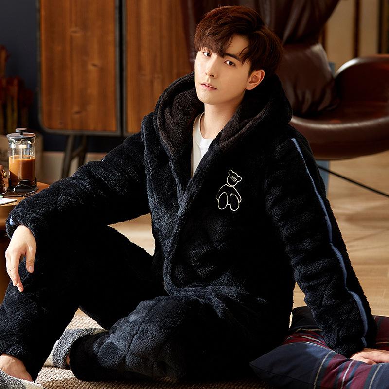 Schlafanzug Herren Winter Verdickt und Samt Dreischichtig Gefüttert Baumwolle Zum Warmhalten Korallenfleece Herbst und Winter Herren Hausanzug Reißverschluss Mit Kapuze