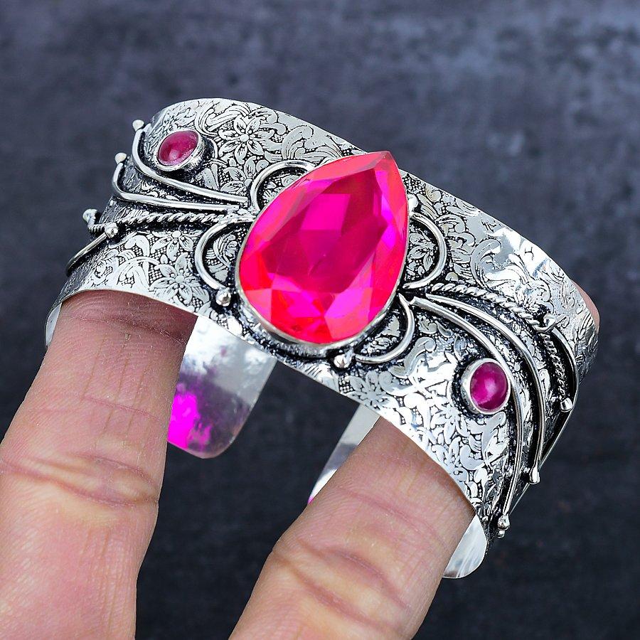 Pink Rubillite Gemstone 925 Sterling Silver Cuff Bangle Adjustable K7E95