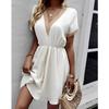 Women's Summer Dress, Spring and Summer Solid Color Short Sleeve Lace V-neck Waist-fitted Dress Casual Drawstring Waist Vacation Dress