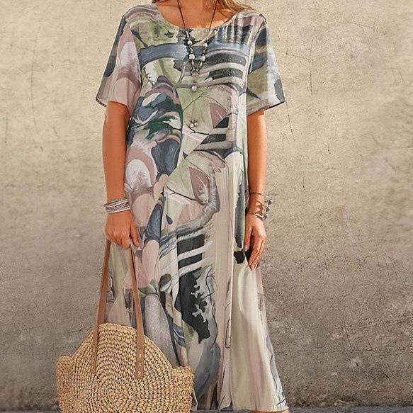 2026 New Fashion Casual Large Size Printed Dress Women Summer Short Sleeve Tie Waist Round Neck Loose Beach Long Dresses