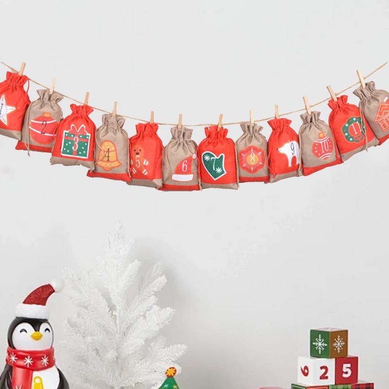 Advent Calendar Burlap Bag Set 24X Christmas Countdown Burlap Bags Reusable Christmas Celebration Ornaments Door Wall Seasonal