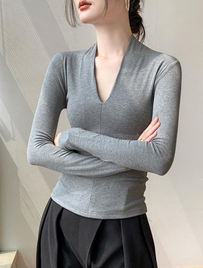 Würziges Mädchen Schlankmachendes V-Ausschnitt Langarm-Oberteil für Damen - Herbst/Winter-Kollektion 2025.