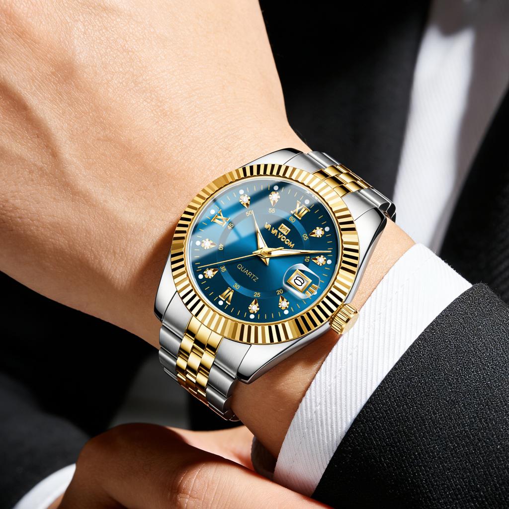 Fashion Luxury Male Wristwatch Two‑Tone Gold Case Rhinestone Dial Stainless Steel Original Quartz Movement Men's Business Watch