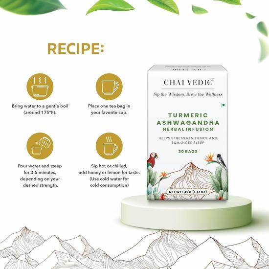 Té Chai Védico | Té de Ashwagandha | Té de Hierbas | Cúrcuma | Té de Infusión | 40 Bolsitas de Té | Polvo de Té