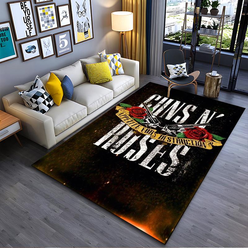 Rock Band Area Rug, Guns N Roses Appetite for Destruction Crossed Pistols Roses Print, Music Lover Decor, Non-Slip Mat