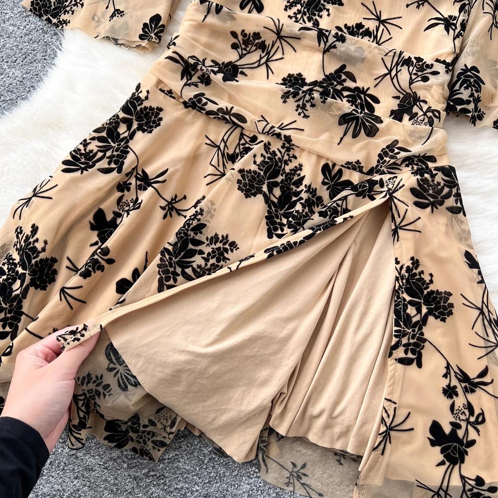 Summer Elegant Embroidery Flower Mermaid Evening Party Dress Women Long Flare Sleeve Cup Padded V Neck One Piece Mesh Folds Prom Robe