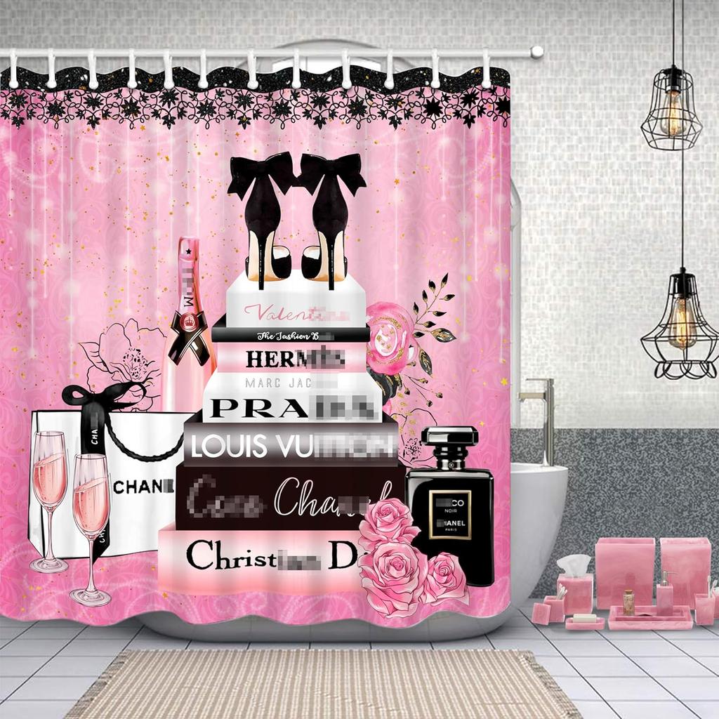 Fashion Luxury Girly Shower Curtain Pink Floral Black Perfume Shower Curtains Waterproof Polyester Fabric Shower Curtains for Bathroom Decor with 12