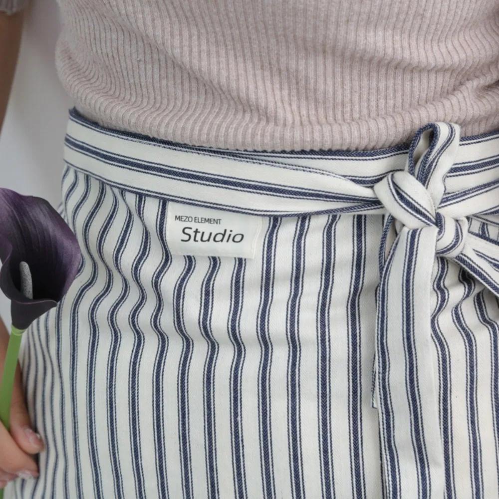 Durable Cotton Stripe Apron Anti Fouling Anti Oil Cooking Half Apron Washable Breathable Waist Apron Kitchen