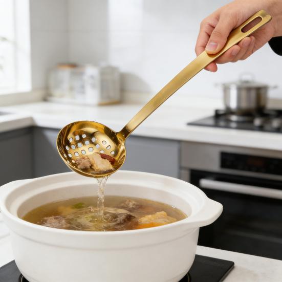 Stainless Steel Soup Ladle with Long Handle And Strainer 2-in-1 Kitchen Spoon for Serving And Filtering Easy To Store Hanging Hole Cooking Tools